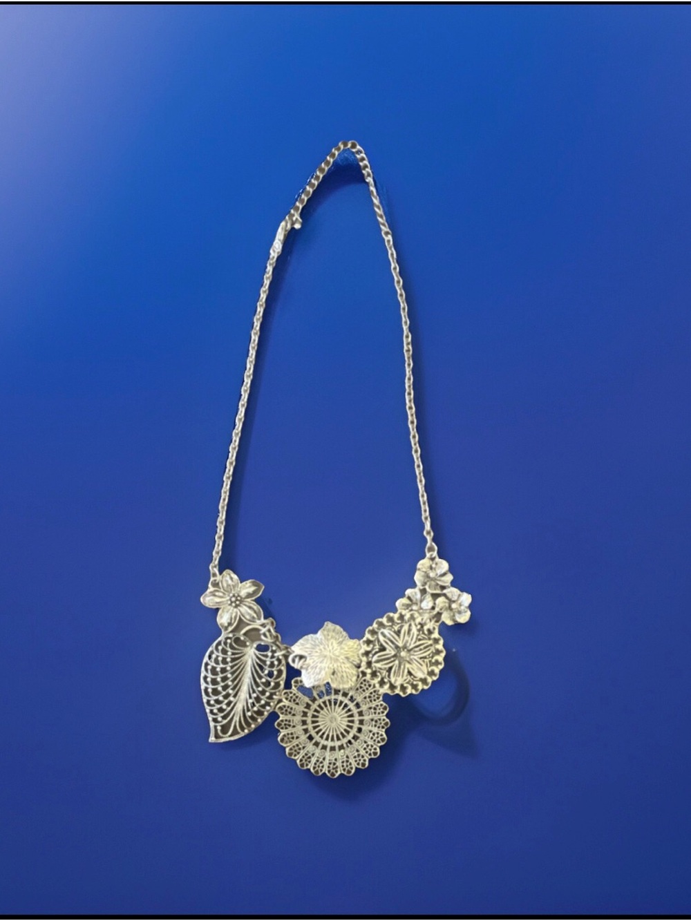 Silver Tone Statement Necklace Floral Leaf Charms Cable Chain Lobster Clasp